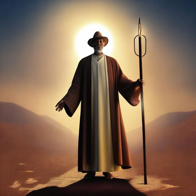 In this high-quality digital art, a human preacher is depicted with a glowing walking stick