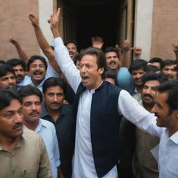 Imran Khan stepping out of a jail building, being greeted by a large, cheering crowd