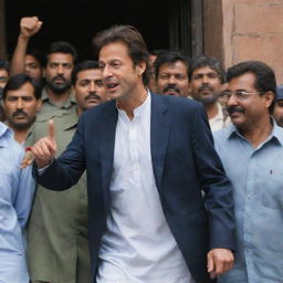 Imran Khan stepping out of a jail building, being greeted by a large, cheering crowd