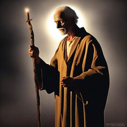 The image, a piece of high-quality digital art, illustrates a poor preacher holding a glowing walking stick