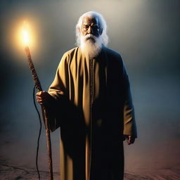 The image, a piece of high-quality digital art, illustrates a poor preacher holding a glowing walking stick