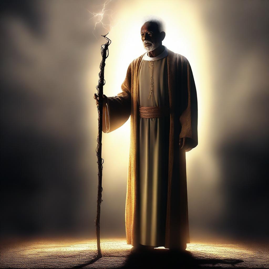 The image, a piece of high-quality digital art, illustrates a poor preacher holding a glowing walking stick