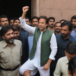 Imran Khan stepping out of a jail building, being greeted by a large, cheering crowd