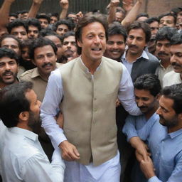 Imran Khan stepping out of a jail building, being greeted by a large, cheering crowd