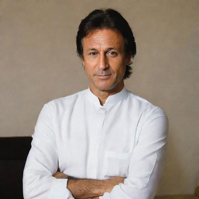 A portrait of Imran Khan in a dignified pose