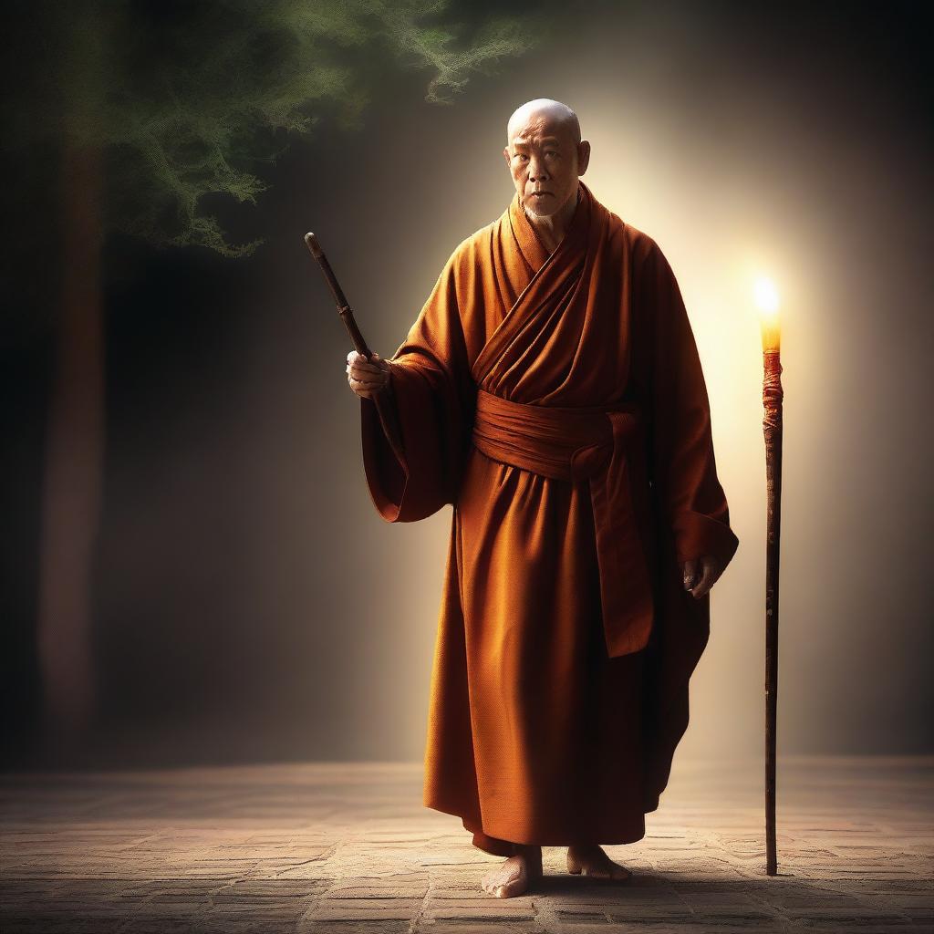 This high-quality digital art image depicts a monk with a glowing walking stick used for preaching