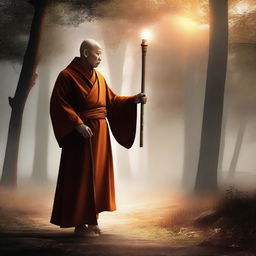 This high-quality digital art image depicts a monk with a glowing walking stick used for preaching