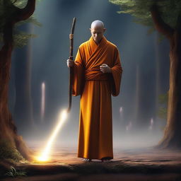 This high-quality digital art image depicts a monk with a glowing walking stick used for preaching