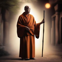 This high-quality digital art image depicts a monk with a glowing walking stick used for preaching