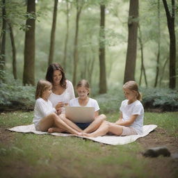 A healthy family enjoying quality time together, disconnected from virtual spaces and immersed in a serene, natural environment