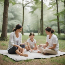 A healthy family enjoying quality time together, disconnected from virtual spaces and immersed in a serene, natural environment