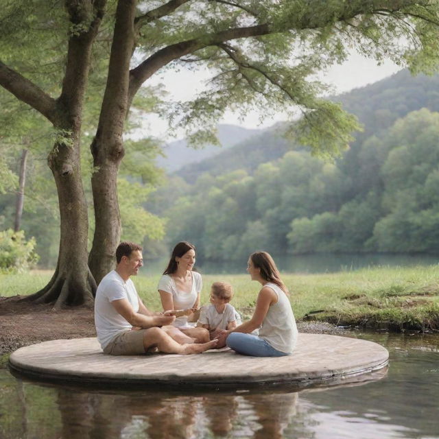 A healthy family enjoying quality time together, disconnected from virtual spaces and immersed in a serene, natural environment