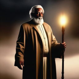 This is a high-quality digital art image portraying a preacher holding a glowing walking stick