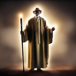 This is a high-quality digital art image portraying a preacher holding a glowing walking stick