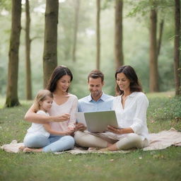 A healthy family enjoying quality time together, disconnected from virtual spaces and immersed in a serene, natural environment