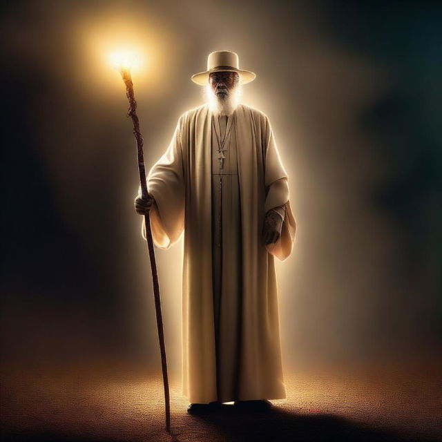 This is a high-quality digital art image portraying a preacher holding a glowing walking stick