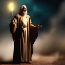 This is a high-quality digital art image portraying a preacher holding a glowing walking stick