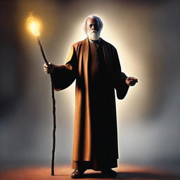 This is a high-resolution digital art image showcasing a middle-aged preacher with a glowing walking stick