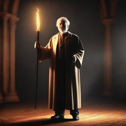 This is a high-resolution digital art image showcasing a middle-aged preacher with a glowing walking stick