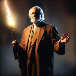 This is a high-resolution digital art image showcasing a middle-aged preacher with a glowing walking stick