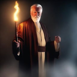 This is a high-resolution digital art image showcasing a middle-aged preacher with a glowing walking stick