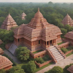 A detailed and vibrant illustration of Ram Mandir, an ornate Hindu temple with domed rooftops, ornate carvings, and surrounded by lush greenery during the day.