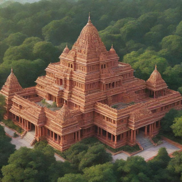 A detailed and vibrant illustration of Ram Mandir, an ornate Hindu temple with domed rooftops, ornate carvings, and surrounded by lush greenery during the day.