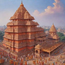 A vivid depiction of Ram Mandir in Ayodhya, bustling with vibrant clothed devotees. The temple should be intricately detailed, among a serene and crowded environment with a sense of devotion in the air.