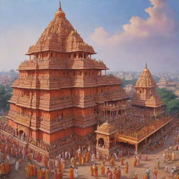 A vivid depiction of Ram Mandir in Ayodhya, bustling with vibrant clothed devotees. The temple should be intricately detailed, among a serene and crowded environment with a sense of devotion in the air.