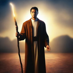 This is a high-definition digital art image featuring a 30-year-old preacher holding a glowing walking stick