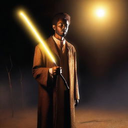 This is a high-definition digital art image featuring a 30-year-old preacher holding a glowing walking stick