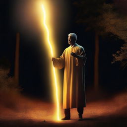 This is a high-definition digital art image featuring a 30-year-old preacher holding a glowing walking stick