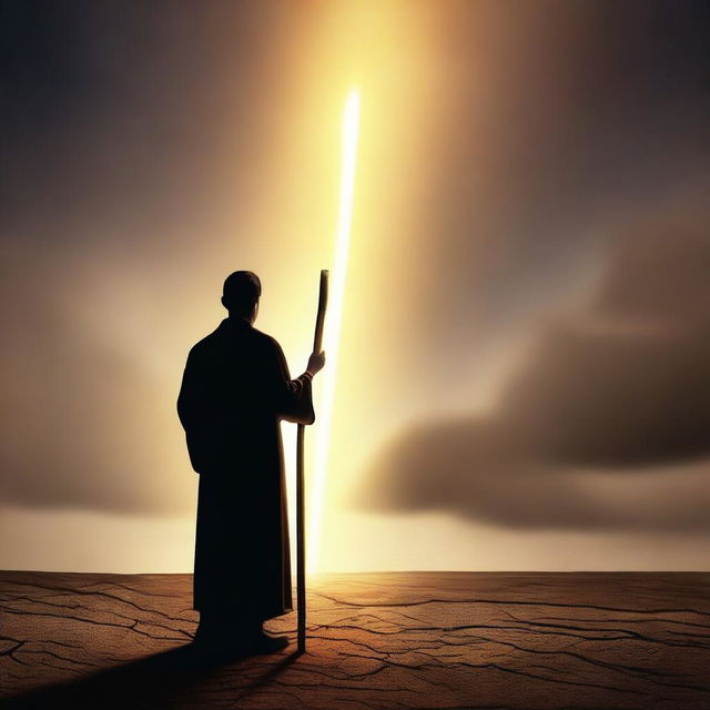 This is a high-definition digital art image featuring a 30-year-old preacher holding a glowing walking stick