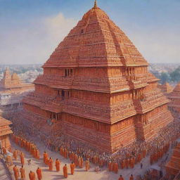 A vivid depiction of Ram Mandir in Ayodhya, bustling with vibrant clothed devotees. The temple should be intricately detailed, among a serene and crowded environment with a sense of devotion in the air.