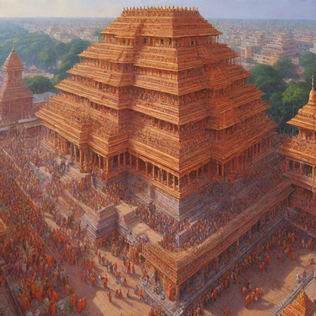 A vivid depiction of Ram Mandir in Ayodhya, bustling with vibrant clothed devotees. The temple should be intricately detailed, among a serene and crowded environment with a sense of devotion in the air.