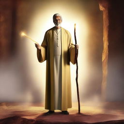 This high-quality digital art showcases a 40-year-old preacher with a glowing walking stick