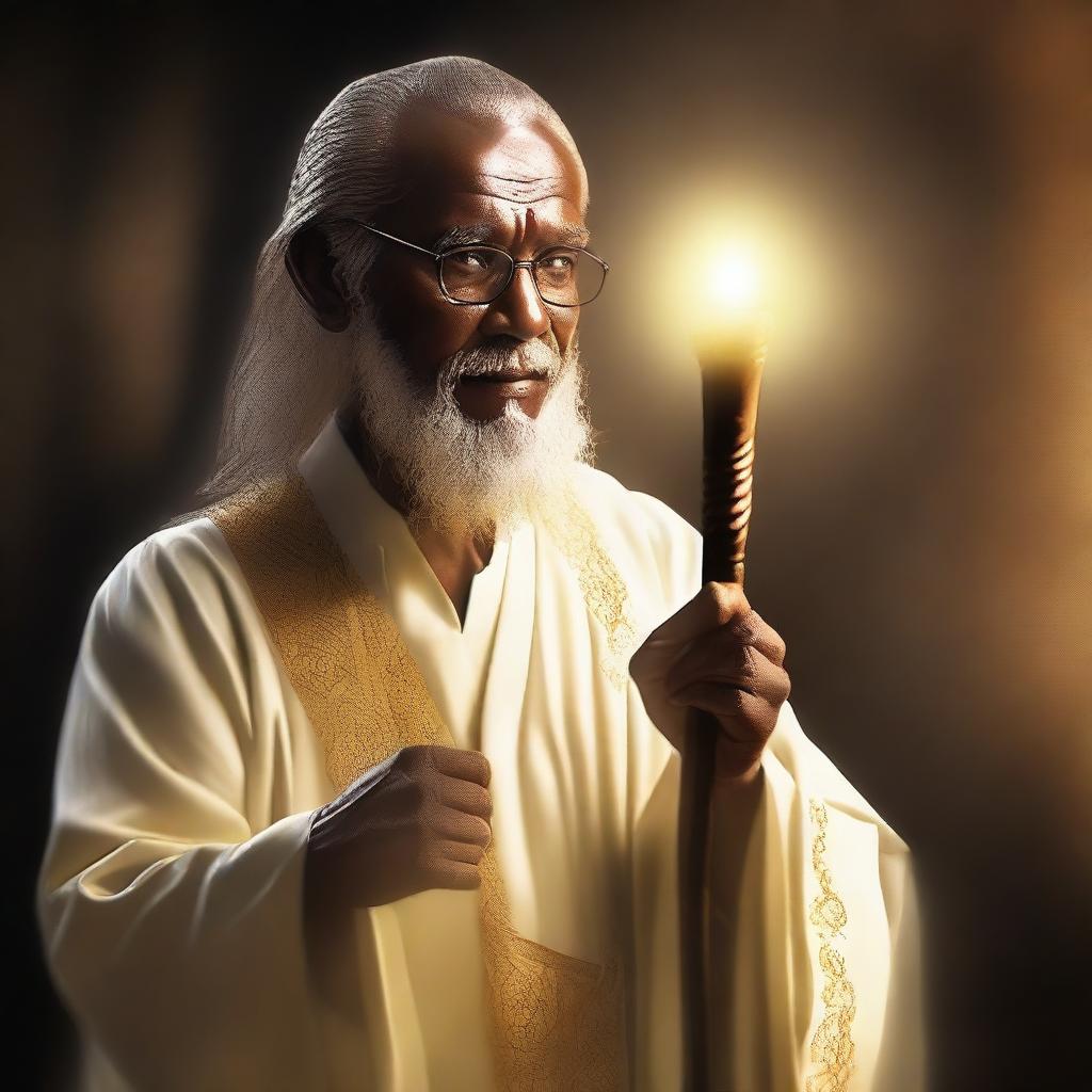 This high-quality digital art showcases a 40-year-old preacher with a glowing walking stick