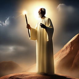 This high-quality digital art showcases a 40-year-old preacher with a glowing walking stick