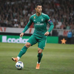 Cristiano Ronaldo in action during a football match, showcasing incredible skill and athleticism.