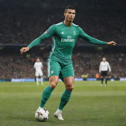 Cristiano Ronaldo in action during a football match, showcasing incredible skill and athleticism.