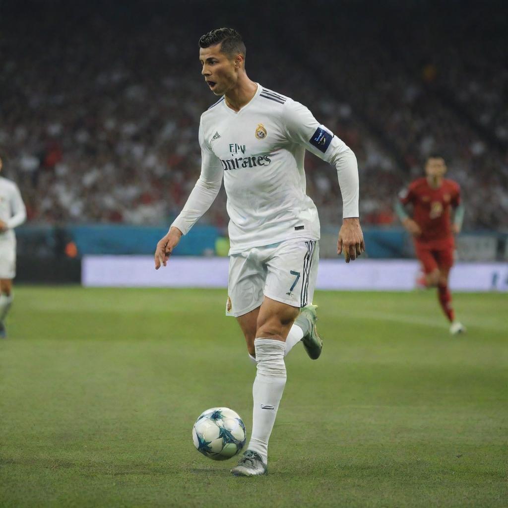 Cristiano Ronaldo in action during a football match, showcasing incredible skill and athleticism.