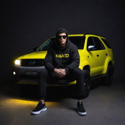 A 3D image of a cute 21-year-old boy casually sitting on a white Fortuner car, donned in a black hoodie, sneakers, and sunglasses. Behind him, the name 'Shahid' is illuminating in yellow neon light against a dark grey wall, creating an intriguing 3D illusion