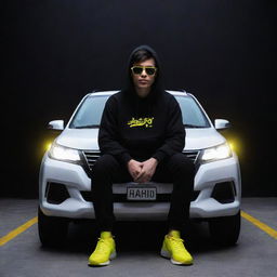 A 3D image of a cute 21-year-old boy casually sitting on a white Fortuner car, donned in a black hoodie, sneakers, and sunglasses. Behind him, the name 'Shahid' is illuminating in yellow neon light against a dark grey wall, creating an intriguing 3D illusion