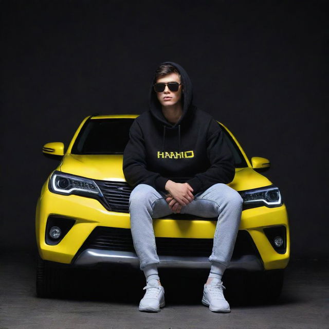 A 3D image of a cute 21-year-old boy casually sitting on a white Fortuner car, donned in a black hoodie, sneakers, and sunglasses. Behind him, the name 'Shahid' is illuminating in yellow neon light against a dark grey wall, creating an intriguing 3D illusion