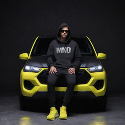 A 3D image of a cute 21-year-old boy casually sitting on a white Fortuner car, donned in a black hoodie, sneakers, and sunglasses. Behind him, the name 'Shahid' is illuminating in yellow neon light against a dark grey wall, creating an intriguing 3D illusion