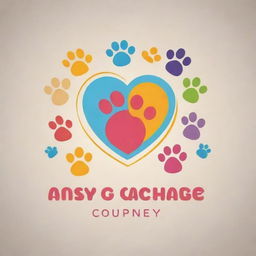 Generate a playful, colorful logo for a pet daycare center, incorporating elements of a variety of animals and symbols of care like a heart or a paw print.