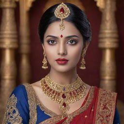 An elegant Indian princess with dark blue skin and vibrant red eyes, draped in traditional royal attire, adorned with gold jewelry, set against an intricate ornate backdrop.