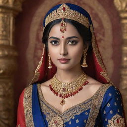 An elegant Indian princess with dark blue skin and vibrant red eyes, draped in traditional royal attire, adorned with gold jewelry, set against an intricate ornate backdrop.