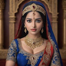 An elegant Indian princess with dark blue skin and vibrant red eyes, draped in traditional royal attire, adorned with gold jewelry, set against an intricate ornate backdrop.