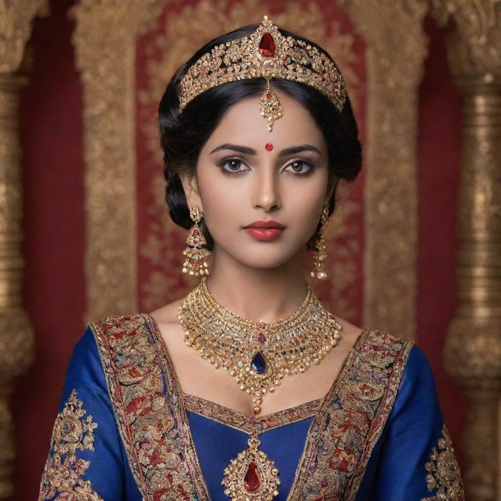 An elegant Indian princess with dark blue skin and vibrant red eyes, draped in traditional royal attire, adorned with gold jewelry, set against an intricate ornate backdrop.